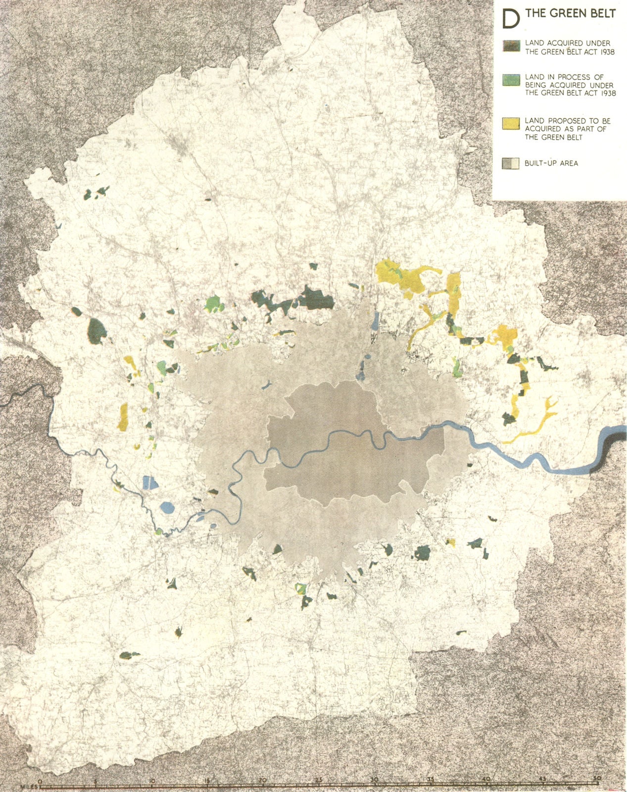 GREATER LONDON PLAN. Green Belt Act 1938 land acquisitions.ABERCROMBIE 1944 map